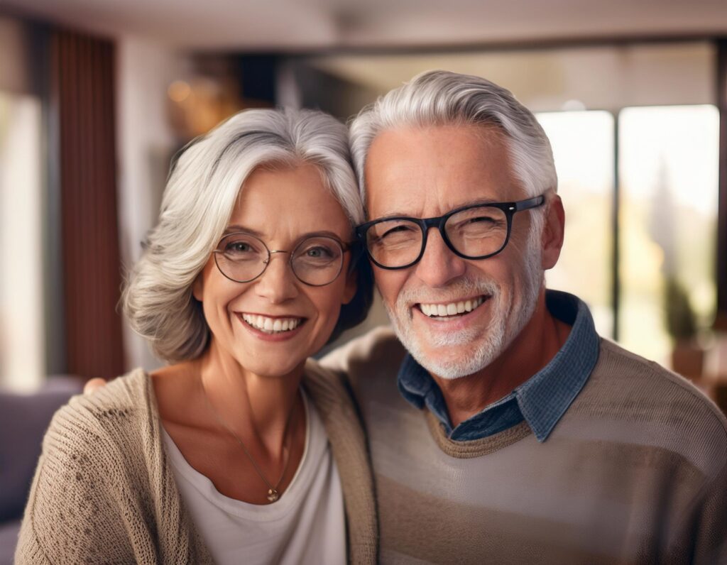 A happy senior couple smiling in their home, embracing independence and comfort while aging in place.