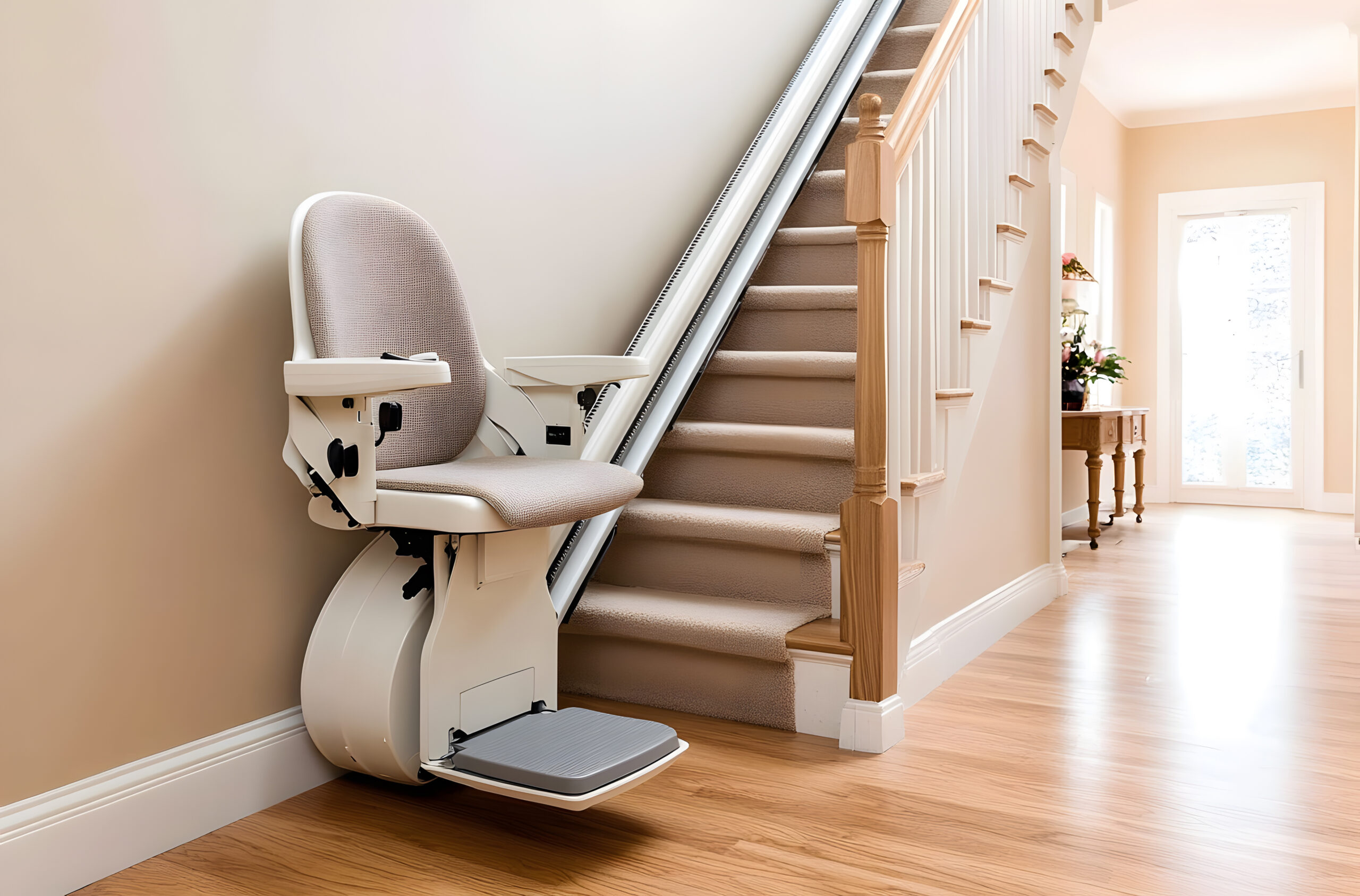 Curved stair chair lift with a grey fabric seat, installed on a staircase, offering a smooth and comfortable ride for individuals with mobility challenges in a home setting